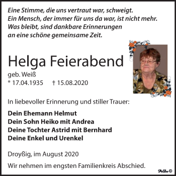Traueranzeige von Helga Feierabend von Super Sonntag Zeitz
