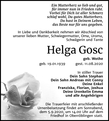 Traueranzeige von Helga Gosc von Mitteldeutsche Zeitung Sangerhausen