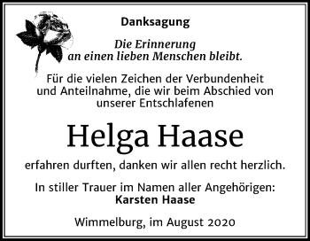 Traueranzeige von Helga Haase von Super Sonntag Mansfelder Land