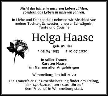 Traueranzeige von Helga Haase von Super Sonntag Mansfelder Land