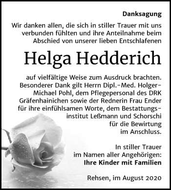 Traueranzeige von Helga Hedderich von Mitteldeutsche Zeitung Wittenberg
