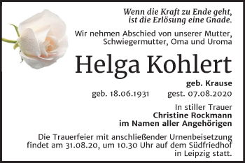 Traueranzeige von Helga Kohlert von Mitteldeutsche Zeitung Mansfelder Land