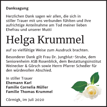 Traueranzeige von Helga Krummel von Super Sonntag Bernburg