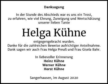Traueranzeige von Helga Kühne von Mitteldeutsche Zeitung Sangerhausen