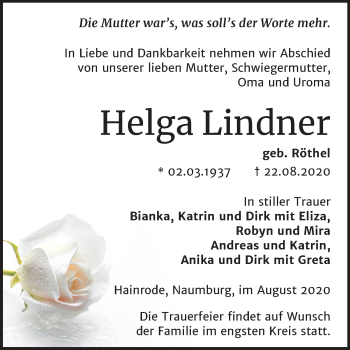 Traueranzeige von Helga Lindner von Super Sonntag Sangerhausen
