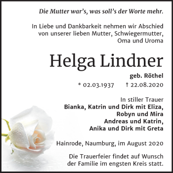Traueranzeige von Helga Lindner von Mitteldeutsche Zeitung Sangerhausen