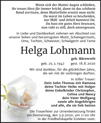 Traueranzeige von Helga Lohmann von Super Sonntag Mansfelder Land