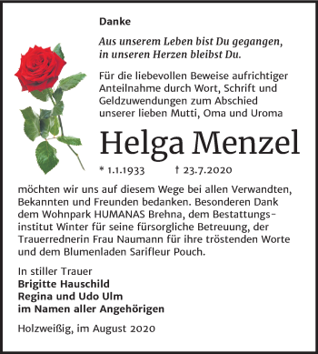 Traueranzeige von Helga Menzel von Wochenspiegel Bitterfeld