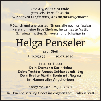 Traueranzeige von Helga Penseler von Super Sonntag Sangerhausen
