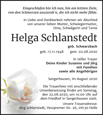 Traueranzeige von Helga Schlanstedt von Mitteldeutsche Zeitung Sangerhausen
