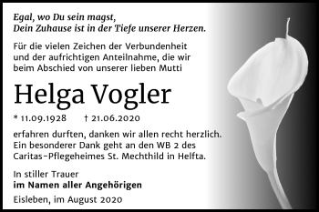 Traueranzeige von Helga Vogler von Super Sonntag Mansfelder Land