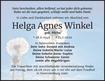 Traueranzeige von Helga Agnes Winkel von Mitteldeutsche Zeitung Köthen