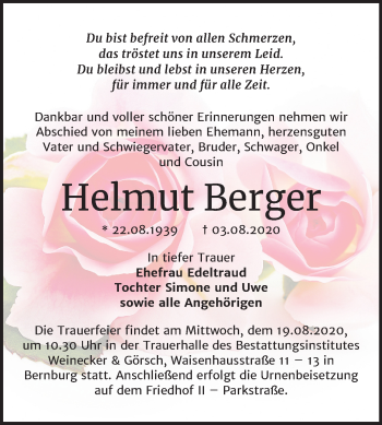 Traueranzeige von Helmut Berger von Super Sonntag Bernburg