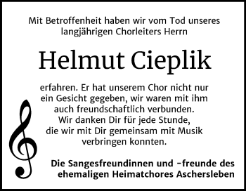 Traueranzeige von Helmut Cieplik von Mitteldeutsche Zeitung Aschersleben