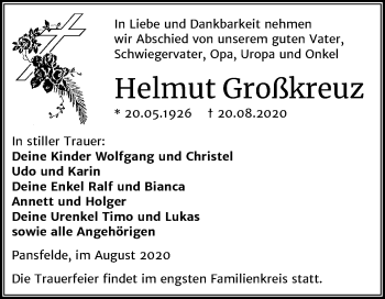 Traueranzeige von Helmut Großkreuz von Mitteldeutsche Zeitung Quedlinburg