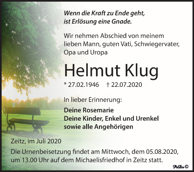  Traueranzeige für Helmut Klug vom 01.08.2020 aus Super Sonntag Zeitz