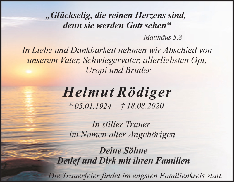  Traueranzeige für Helmut Rödiger vom 28.08.2020 aus Mitteldeutsche Zeitung Dessau-Roßlau