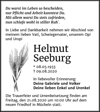Traueranzeige von Helmut Seeburg von Mitteldeutsche Zeitung Merseburg/Querfurt