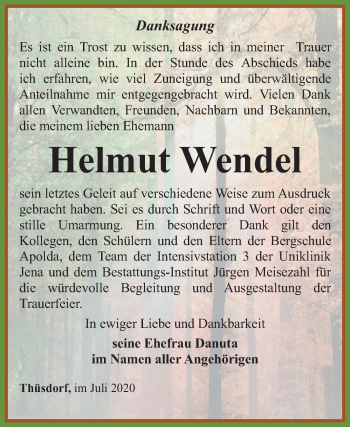 Traueranzeige von Helmut Wendel von Wochenspiegel Naumburg/Nebra