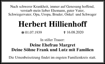 Traueranzeige von Herbert Hillienhoff von Super Sonntag Wittenberg