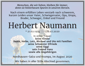 Traueranzeige von Herbert Naumann von Mitteldeutsche Zeitung Merseburg/Querfurt