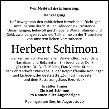 Traueranzeige von Herbert Schimon von Super Sonntag Mansfelder Land