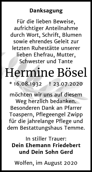 Traueranzeige von Hermine Bösel von Mitteldeutsche Zeitung Bitterfeld