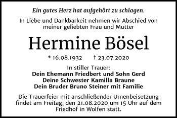 Traueranzeige von Hermine Bösel von Wochenspiegel Bitterfeld