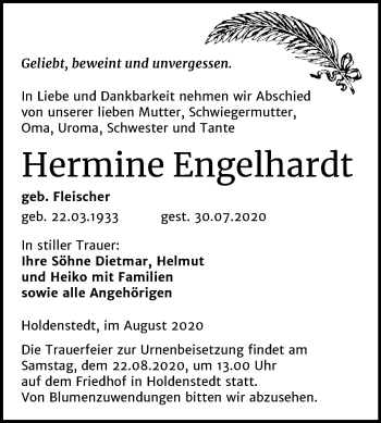 Traueranzeige von Hermine Engelhardt von Super Sonntag Sangerhausen