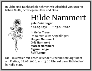Traueranzeige von Hilde Nammert von Mitteldeutsche Zeitung Halle/Saalkreis