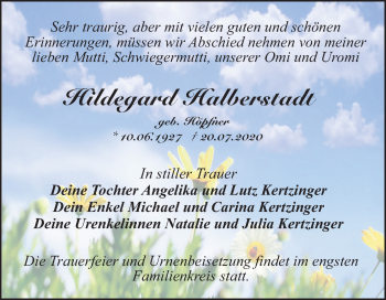 Traueranzeige von Hildegard Halberstadt von Super Sonntag Dessau-Roßlau