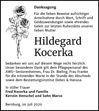 Traueranzeige von Hildegard Kocerka von Mitteldeutsche Zeitung Bernburg