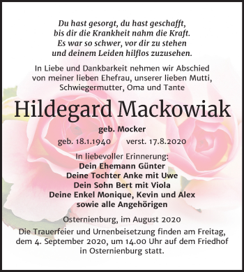 Traueranzeige von Hildegard Mackowiak von Mitteldeutsche Zeitung Köthen