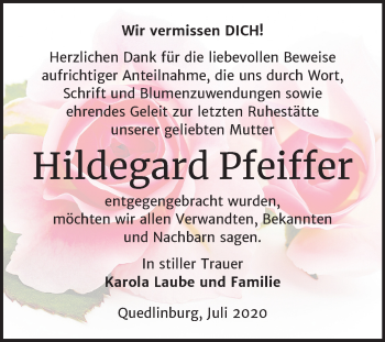 Traueranzeige von Hildegard Pfeiffer von Mitteldeutsche Zeitung Quedlinburg