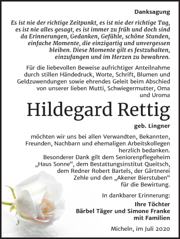 Traueranzeige von Hildegard Rettig von Super Sonntag Köthen