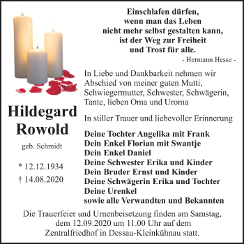 Traueranzeige von Hildegard Rowold von Super Sonntag Dessau-Roßlau