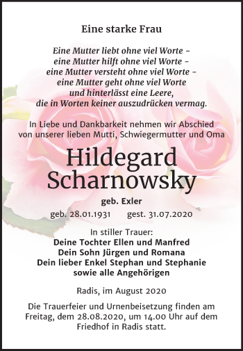 Traueranzeige von Hildegard Scharnowsky von Mitteldeutsche Zeitung Wittenberg