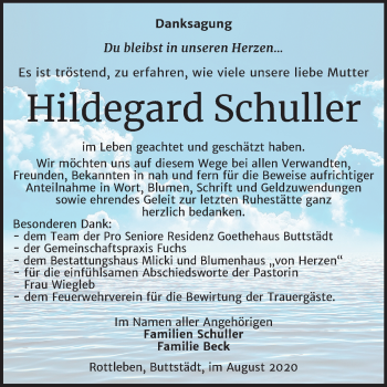 Traueranzeige von Hildegard Schuller von Super Sonntag Sangerhausen