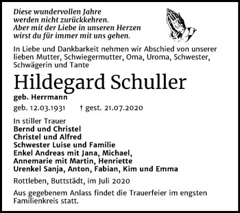 Traueranzeige von Hildegard Schuller von Super Sonntag Sangerhausen