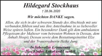 Traueranzeige von Hildegard Stockhaus von Super Sonntag Dessau-Roßlau