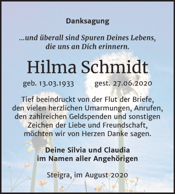 Traueranzeige von Hilma Schmidt von Mitteldeutsche Zeitung Merseburg/Querfurt