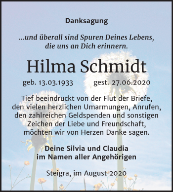 Traueranzeige von Hilma Schmidt von Super Sonntag Merseburg/Querfurt