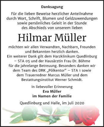 Traueranzeige von Hilmar Müller von Mitteldeutsche Zeitung Quedlinburg