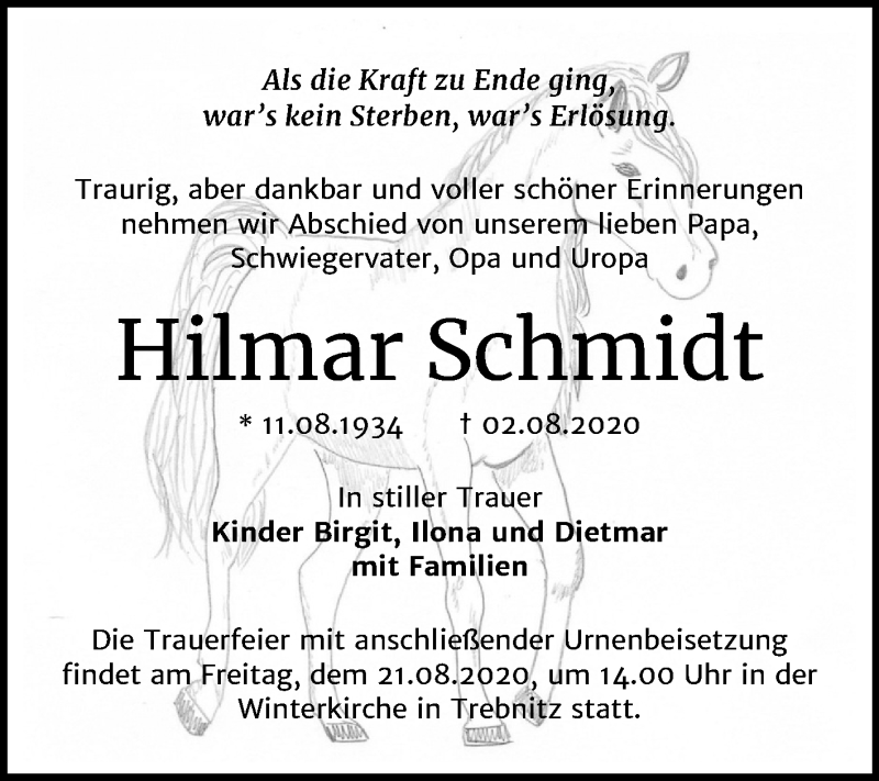 Traueranzeigen von Hilmar Schmidt www.abschiednehmen.de