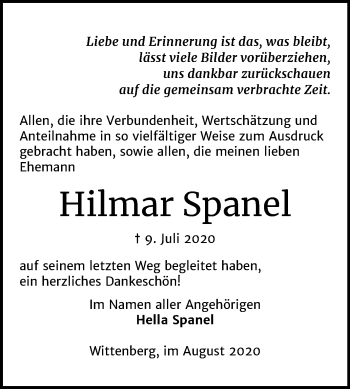 Traueranzeige von Hilmar Spanel von Mitteldeutsche Zeitung Wittenberg