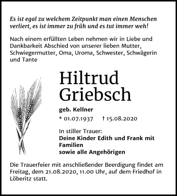 Traueranzeige von Hiltrud Griebsch von Mitteldeutsche Zeitung Bitterfeld