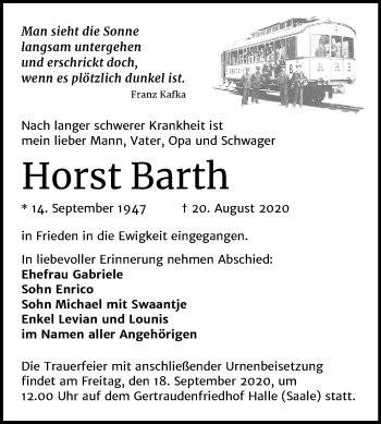 Traueranzeige von Horst Barth von Mitteldeutsche Zeitung Halle/Saalkreis