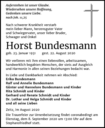 Traueranzeige von Horst Bundesmann von Super Sonntag Zeitz