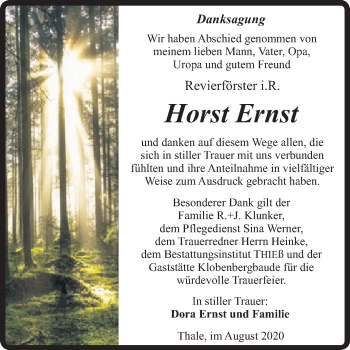 Traueranzeige von Horst Ernst von Mitteldeutsche Zeitung Quedlinburg