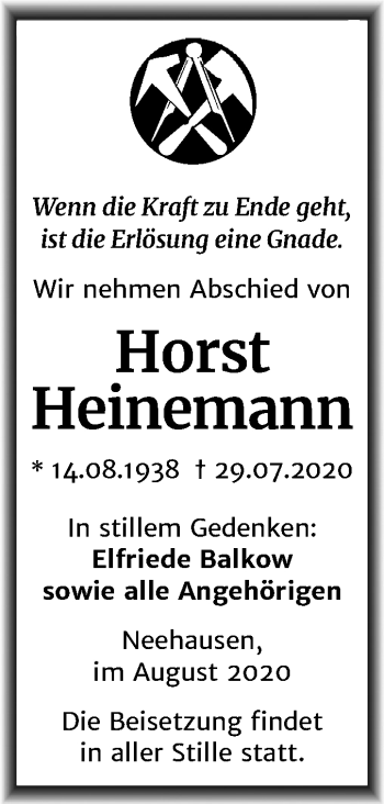 Traueranzeige von Horst Heinemann von Super Sonntag Mansfelder Land